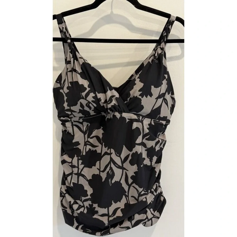 Lands End Black Gray Floral Print Swimsuit Tankini Top Slendersuit Size 18